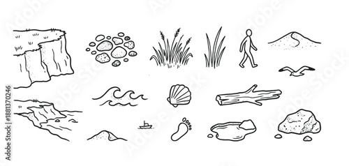 Collection of hand-drawn coastal icons in a black and white line art style, featuring various beach and nature elements like cliffs, waves, shells, stones, and a walking person