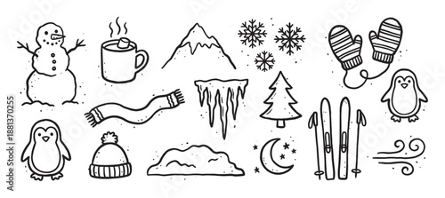 Set of hand-drawn black winter icons featuring a cute snowman, penguin, snowflakes, skis, mittens, and a hot drink in a charming doodle style for seasonal holiday designs