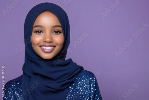 Wallpaper Mural Young woman wearing a navy hijab and sparkling top smiles brightly against a light purple backdrop Torontodigital.ca