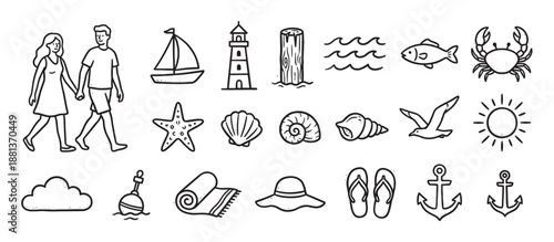 Hand-drawn beach and summer vacation doodle icons featuring a couple, lighthouse, sailboat, crab, and shells in a simple black and white line art illustration set for travel themes