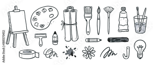 Set of hand-drawn art supplies icons featuring an easel, palette, paintbrushes, pencil, and other creative elements in a simple black and white doodle style illustration