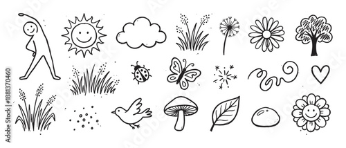 Set of hand-drawn nature doodles featuring a happy sun, flowers, a butterfly, and a stretching person in a cute, simple black and white sketch style for children's illustration
