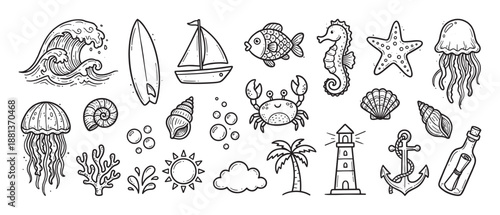 Large collection of hand-drawn summer doodles featuring a wave, crab, jellyfish, sailboat, and other sea elements in a cute cartoon sketch style for vacation themes