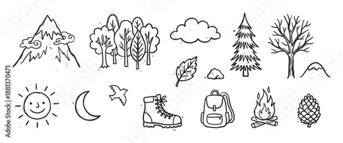 Set of hand-drawn camping and nature icons with a mountain, forest, campfire, and backpack, rendered in a rustic black and white doodle style for outdoor adventure concepts