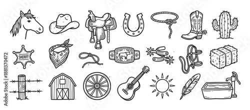 Collection of hand-drawn wild west icons in a monochrome doodle style, featuring a cowboy hat, horse head, saddle, boot, lasso, sheriff badge, and cactus