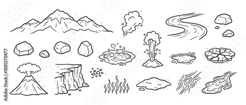 Hand-drawn set of geological and volcanic elements featuring a mountain, erupting volcano, geyser, hot spring, river, and rocks in a simple black and white line art doodle style