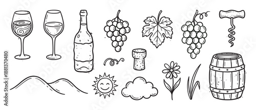Hand drawn black and white wine icons set with a bottle, glass, grapes, barrel, corkscrew, and cork in a cute doodle sketch style for winemaking or vineyard concepts