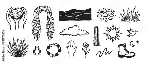 Collection of hand-drawn black ink illustrations featuring nature, travel, and bohemian elements like a sun, moon, cloud, boot, flower, and hands holding a stone in a doodle style
