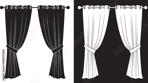 Classic draped window curtains set in black and white line art style