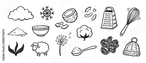 Set of hand-drawn doodle icons featuring various white and fluffy objects like a cloud, sheep, cotton, and coconut, illustrated in a simple black and white ink sketch style