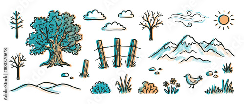 Set of hand-drawn nature illustrations featuring a tree, mountains, clouds, sun, and a rustic fence in a retro doodle style with halftone texture