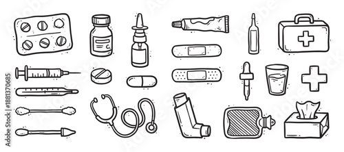 Hand-drawn set of medical and pharmacy icons in a black and white doodle style, including pills, a syringe, a stethoscope, an inhaler, and a first aid kit