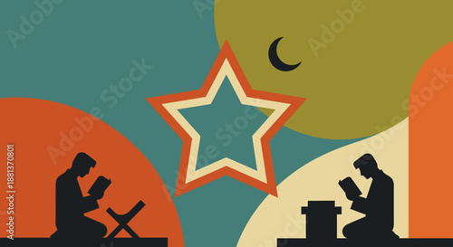 A stylized illustration shows two silhouetted figures engaged in religious study, with a crescent moon and star, symbolizing Islamic faith and spiritual devotion.