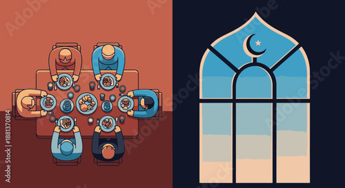 Vibrant illustration shows diverse people sharing a communal meal, symbolizing unity, paired with arched window featuring Islamic crescent moon and star.