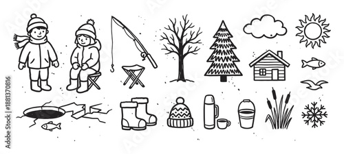 Set of hand-drawn winter ice fishing icons featuring children, a fishing rod, a log cabin, trees, and warm clothing in a simple black and white doodle style