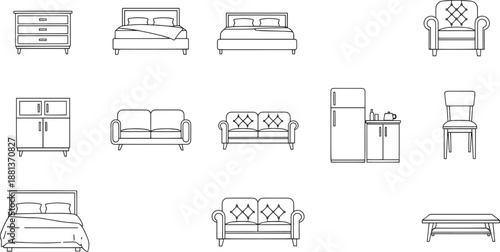 Outline icons of various home furniture set for interior design