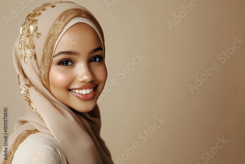 Wallpaper Mural Young woman wearing an elegantly embellished head covering smiles warmly against a neutral background Torontodigital.ca
