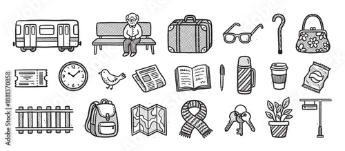 Set of black and white doodle illustrations depicting travel and commuting items like a train, suitcase, map, and an elderly man on a bench in a retro stipple style