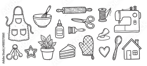 Hand-drawn doodle icon set of domestic items including a sewing machine, apron, rolling pin, cake, and crafting tools for homemaking and hobby concepts