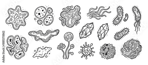 Set of hand-drawn doodle illustrations of various microorganisms, including bacteria, cells, mold, and abstract organic shapes with geometric crystals in a simple line art style