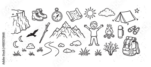 Collection of hand-drawn hiking and camping doodle icons showing a backpack, tent, compass, map, and mountains in a sketchy black and white line art style for adventure themes