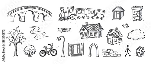 Hand-drawn doodle illustration set of town elements including houses, a train, a bridge, a bicycle, and trees, depicted in a charming black and white cartoon sketch style