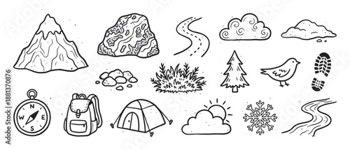 Hand-drawn black and white doodle icon set of hiking, camping, and nature elements featuring a mountain, tent, compass, backpack, and other outdoor adventure symbols