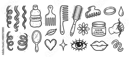 Hand drawn black and white doodle set of haircare and beauty icons showing shampoo, cream, comb, brush, mirror, and various hairstyles in a simple sketch illustration style