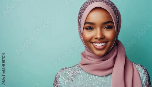 Wallpaper Mural Attractive young woman wearing a fashionable hijab smiles brightly against a solid background Torontodigital.ca