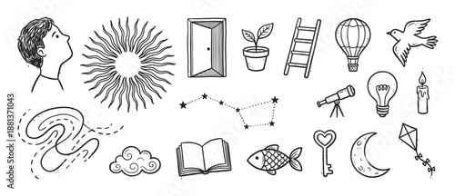 Collection of hand-drawn doodle illustrations representing imagination and dreams, including a sun, moon, stars, book, key, and other symbolic objects in a simple line art style