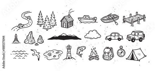 Hand-drawn set of travel and camping icons in a black and white doodle style, featuring a log cabin, tent, campfire, mountain, car on a road, boat, and backpack for adventure themes