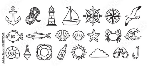 Collection of hand-drawn nautical icons in a simple doodle style, featuring a sailboat, anchor, lighthouse, compass, ship wheel, and various marine animals like fish and crab