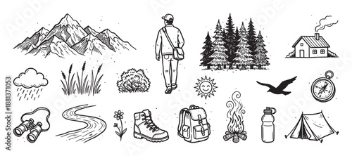 Set of hand-drawn hiking and camping icons in a rustic doodle style, featuring a mountain, forest, tent, backpack, compass, and other adventure travel elements