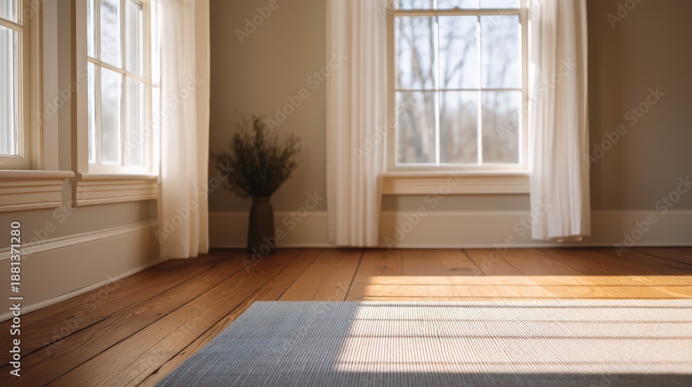 Fototapeta premium A serene room with large windows, soft natural light, wooden floors, and a vase with greenery, creating a peaceful and inviting atmosphere.