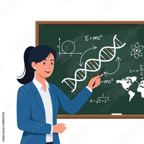 A woman teaches at a chalkboard with DNA