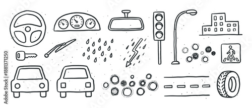 Set of hand-drawn car and driving icons featuring a steering wheel, traffic light, road, and weather symbols in a simple black and white doodle style illustration