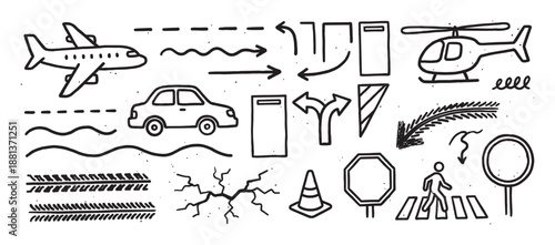 Set of hand-drawn transportation doodles including a car, airplane, helicopter, road signs, and arrows in a simple black and white line art style for various design concepts