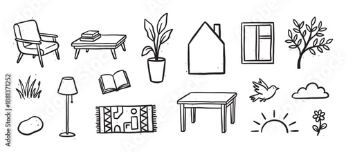 Set of hand-drawn doodle icons featuring home furniture, nature elements, and cozy objects in a simple black and white line art style for a comfortable and warm concept