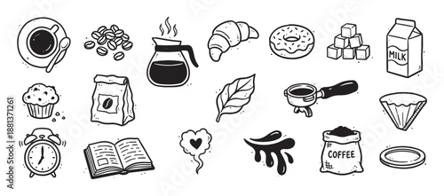 Collection of hand-drawn coffee icons and breakfast food items in a charming doodle style, including a cup, beans, croissant, donut, and muffin for a cafe or morning theme