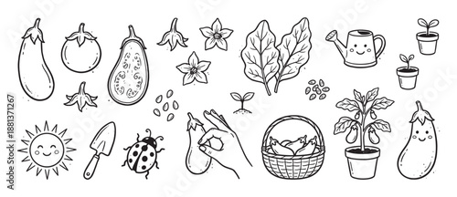 Hand-drawn doodle illustrations of gardening elements featuring cute eggplant and tomato characters, plants, seeds, and tools in a charming black and white line art style