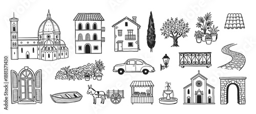 Set of hand-drawn black line illustrations of Mediterranean village life, including a cathedral, rustic houses, a vintage car, a donkey cart, and other charming European elements