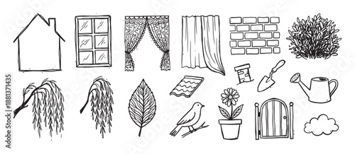 Collection of hand-drawn black ink doodles depicting home and garden elements like a house, window, curtain, bird, flower, watering can, and tree branch in a charming, simple sketch style