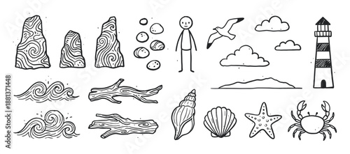 Set of hand-drawn sea-themed doodles featuring a lighthouse, crab, shells, waves, rocks, and a stick figure in a simple black and white line art illustration style