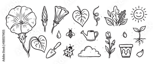 Hand drawn black and white gardening icons set with flowers, insects, a watering can, and other cute nature elements in a simple doodle sketch style illustration