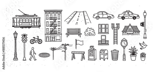 Collection of hand-drawn urban city icons featuring a tram, building, taxi, and street elements in a black and white line art doodle style for various design projects