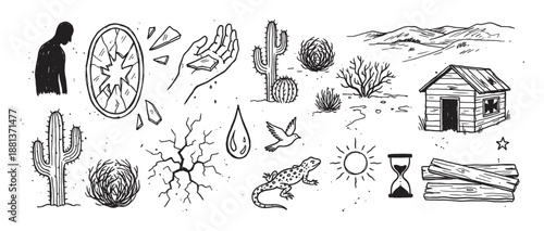 Collection of hand-drawn desert and hardship icons in a rough, sketchy style featuring a cactus, tumbleweed, broken mirror, desolate shack, and symbols of loneliness and despair