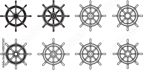 Set of eight detailed ship steering wheel icons in black solid style