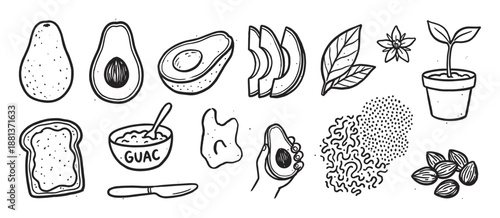 Hand-drawn avocado doodle icon set with guacamole, toast, leaves, and a sprout in a simple black and white line art style for healthy food concepts and graphic design elements