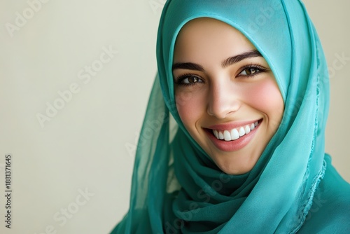 Wallpaper Mural Beautiful young woman wearing a vibrant turquoise head covering smiles broadly against a light background Torontodigital.ca