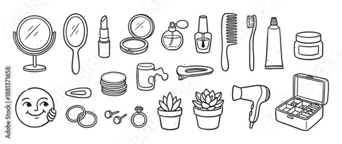 Collection of hand-drawn beauty and personal care items including cosmetics, jewelry, and skincare products in a simple black and white doodle line art illustration set